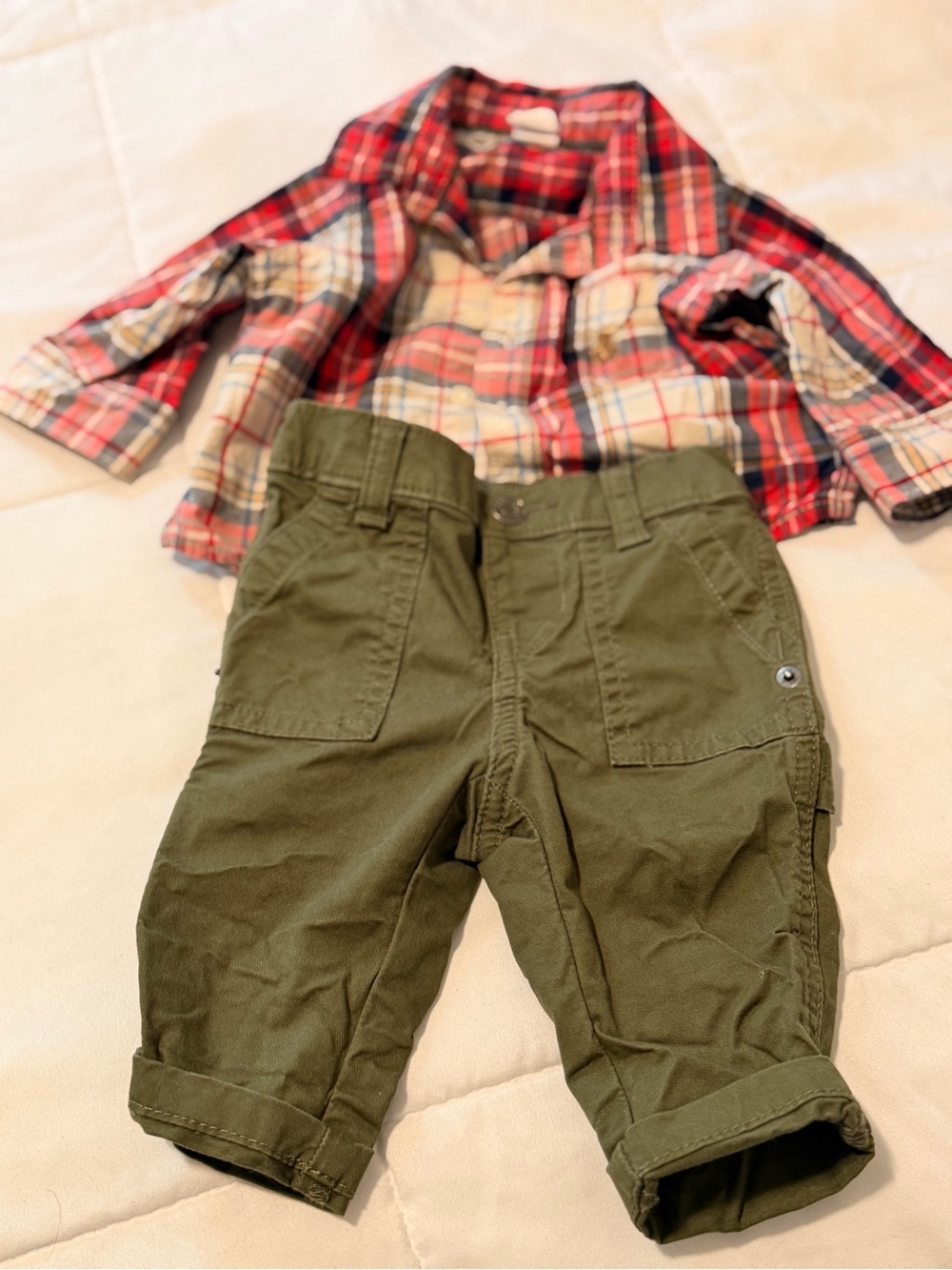 Baby Gap Olive Green Cargo Pants w Plaid button down